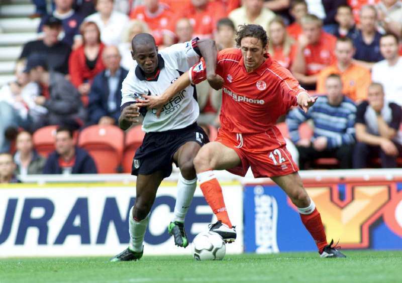 Football - FA Barclaycard Premiership - Middlesbrough v Fulham - 24/8/02 Luis Boa Morte - Fulham tussles with Jonathan Greening - Middlesbrough Mandatory Credit:Action Images / David Slater