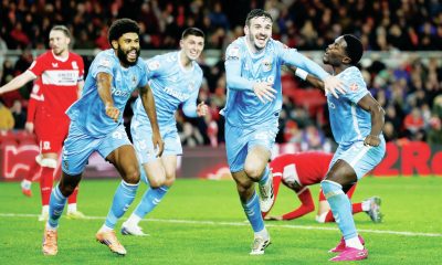 Liam Kitching celebrates putting the Sky Blues 3-2 up at Middlesbrough